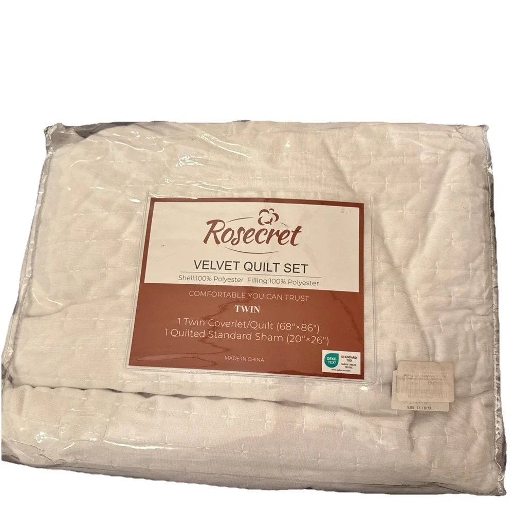 Luxury Velvet Twin Quilt Set Lightweight Oversized Cream White Quilt & Sham NEW